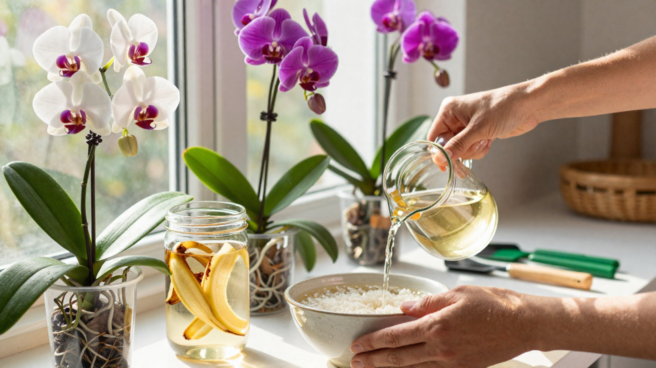 Mãos a regar orquídeas em vasos transparentes numa janela ensolarada com líquido e arroz.