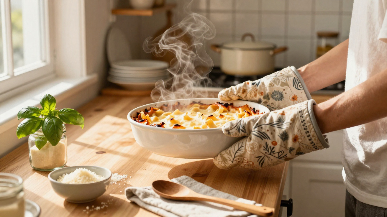 Pessoa a retirar prato fumegante de lasanha do forno numa cozinha iluminada e acolhedora.