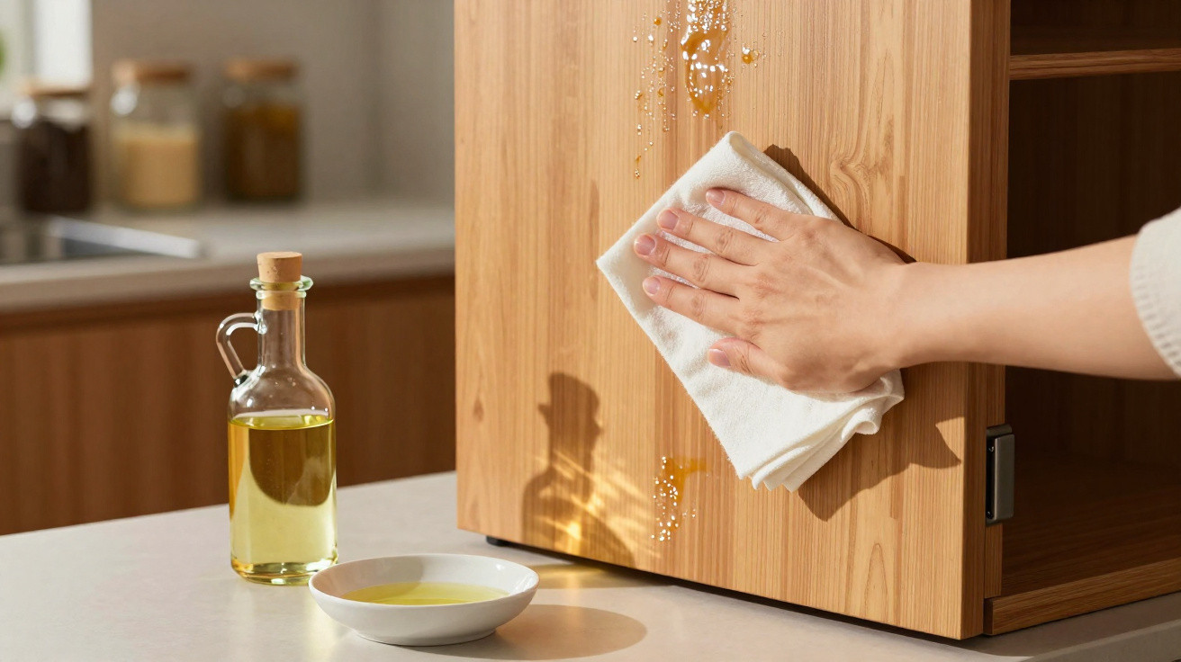 Mão a limpar óleo derramado num móvel de madeira com um pano branco numa cozinha moderna.