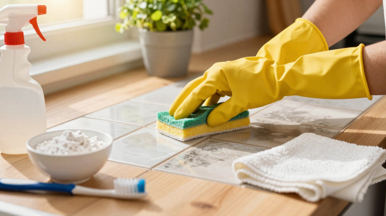 Mão com luva amarela a esfregar azulejos com esponja, com spray, pasta, escova e pano ao lado.