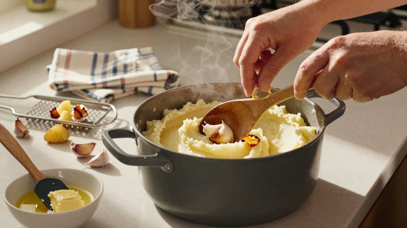 Mãos a preparar puré de batata quente com dentes de alho numa panela preta na cozinha.
