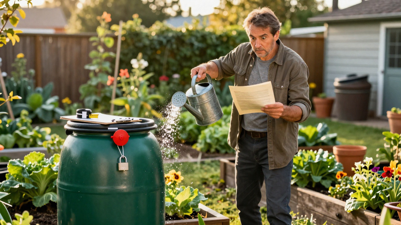 Homem a regar um barril verde num jardim, enquanto lê instruções num papel.