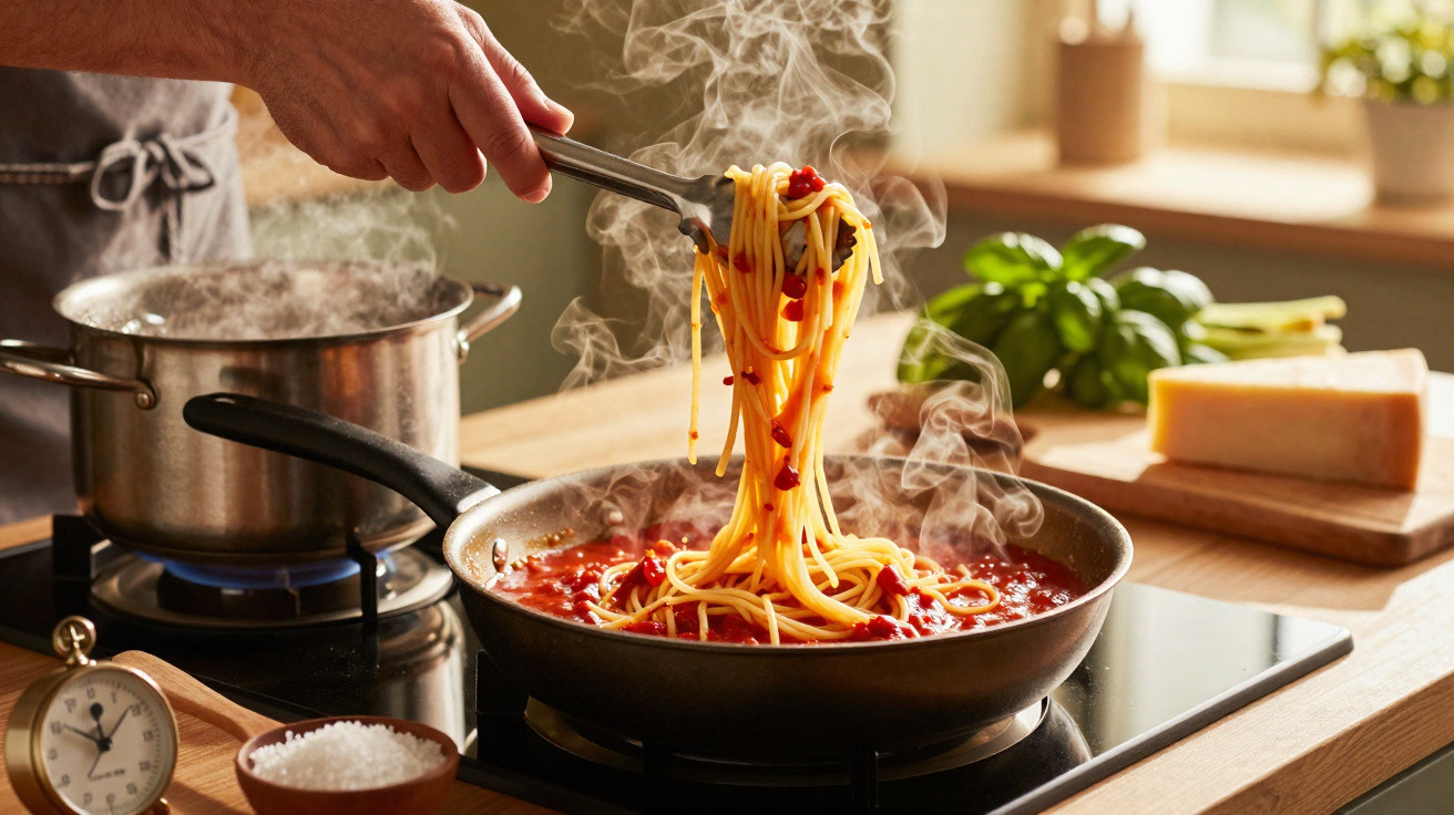 Massa a ser retirada de frigideira com molho de tomate fumegante sobre fogão a gás.