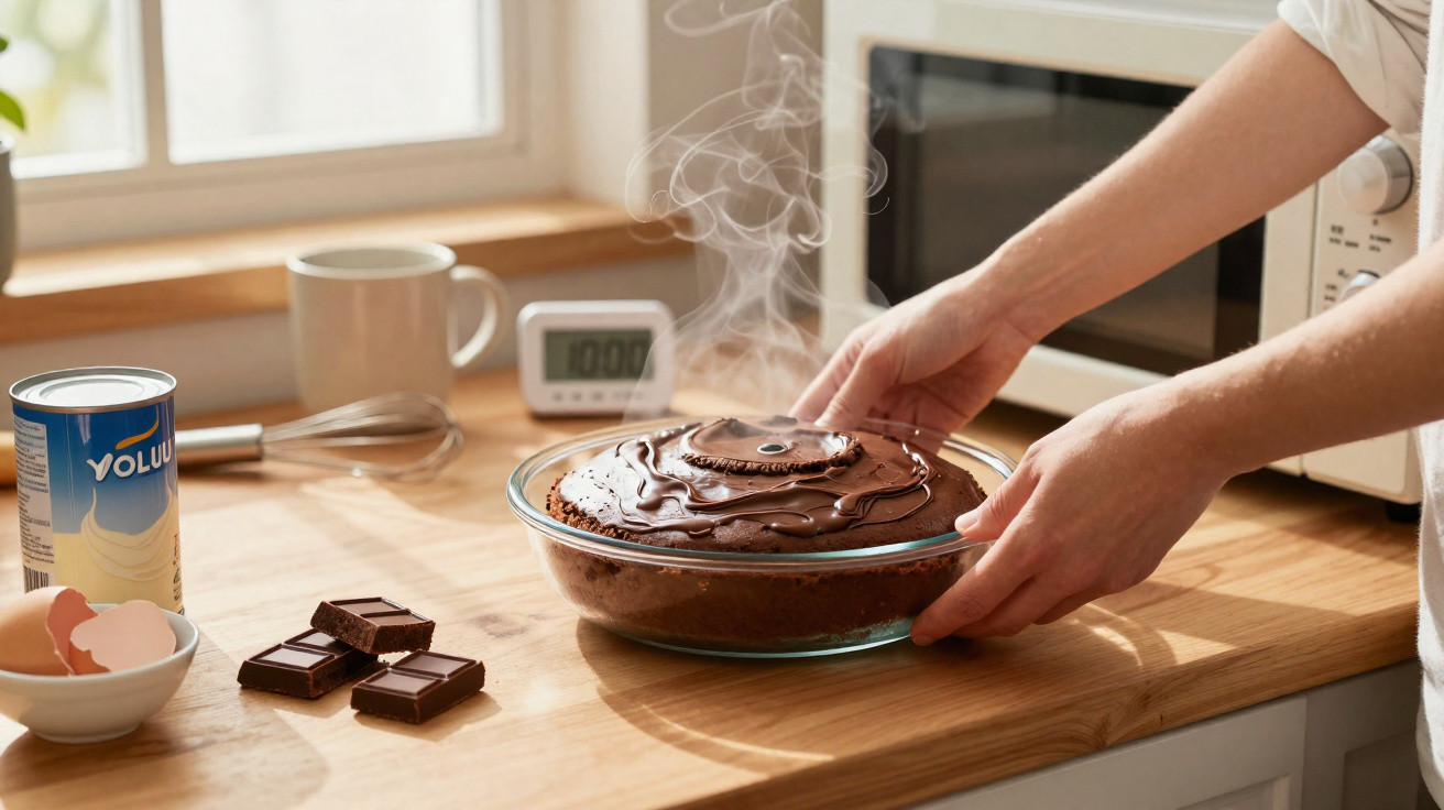 Pessoa a retirar do micro-ondas bolo de chocolate fumegante numa tigela de vidro numa cozinha iluminada natural.