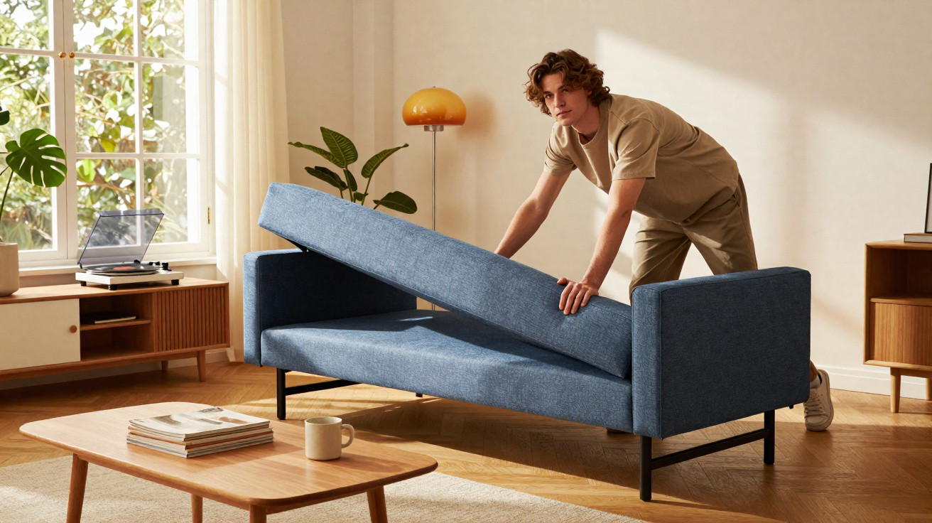 Homem a abrir sofá-cama azul numa sala moderna iluminada por luz natural.