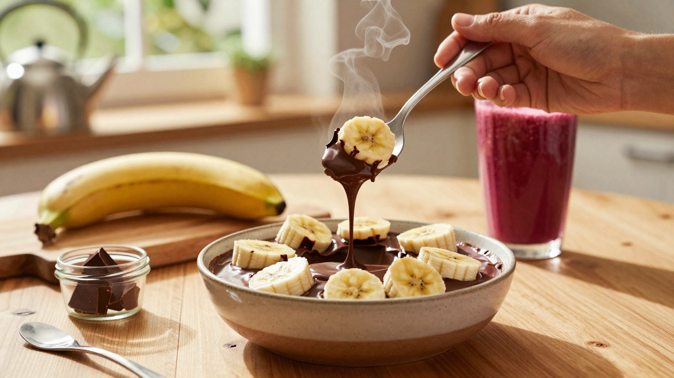 Banana em rodelas com chocolate quente a ser mergulhada numa taça sobre uma mesa de madeira, com smoothie rosa ao fundo.