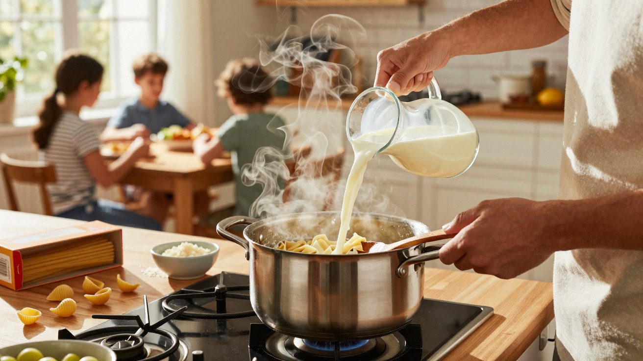 Pessoa a cozer massa numa panela com vapor na cozinha, crianças sentadas à mesa ao fundo.