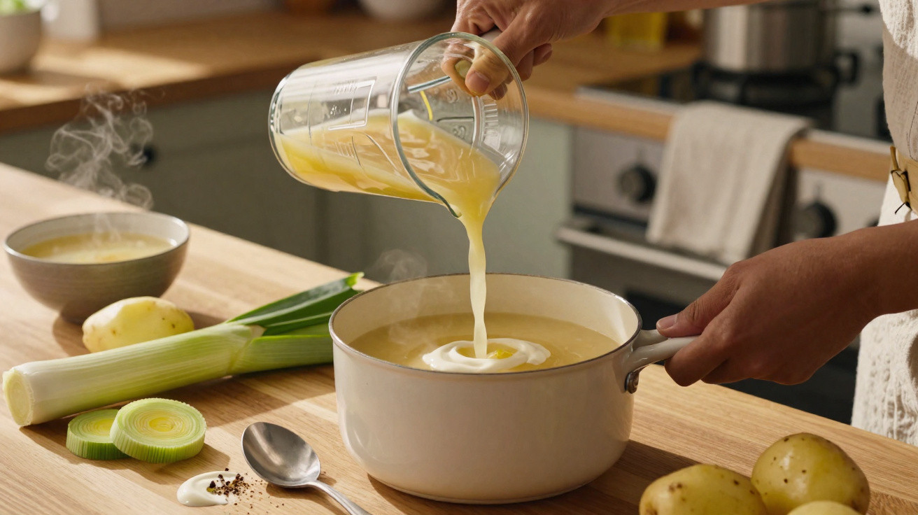 Pessoa a deitar creme numa panela com sopa quente, ao lado de ingredientes como alho-francês, batatas e temperos.