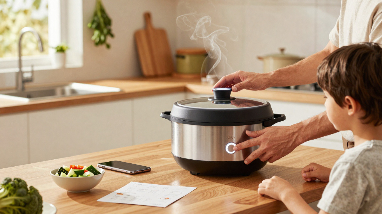 Adulto a usar panela elétrica com vapor na cozinha acompanhado por criança sentada à mesa de madeira.