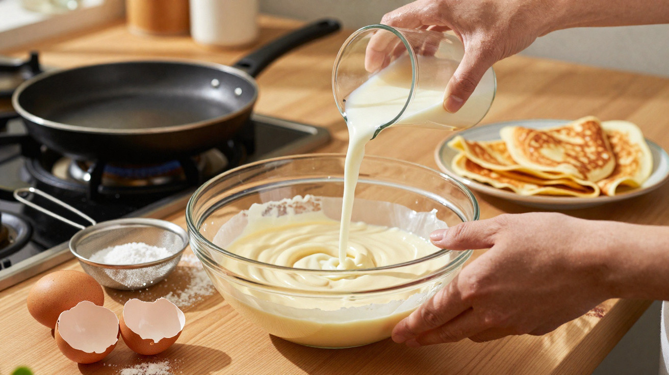 Pessoa a verter leite numa taça com massa para panquecas, com frigideira e panquecas cozinhadas ao fundo.