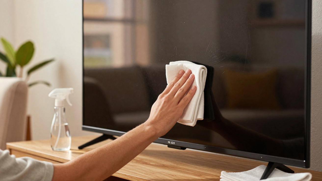 Pessoa a limpar ecrã de televisão com pano branco num ambiente doméstico.
