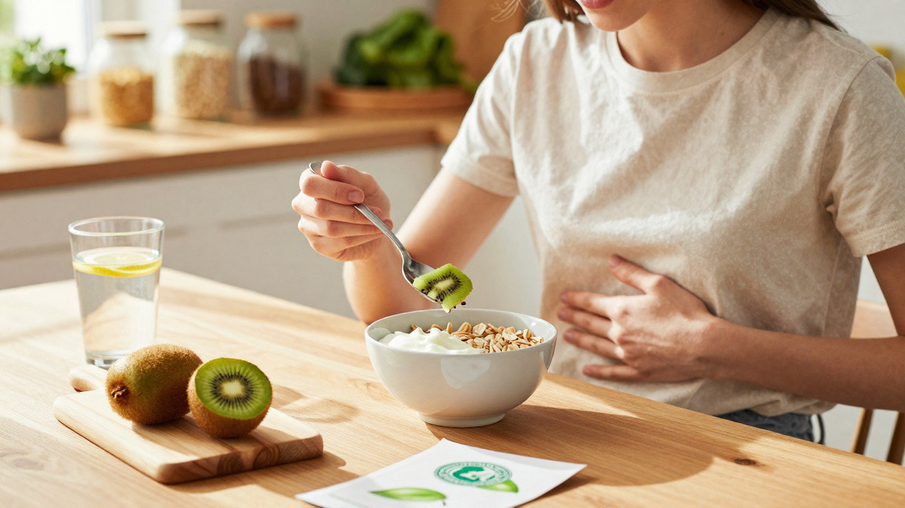 Pessoa com dor abdominal a comer kiwi e iogurte num pequeno-almoço saudável na cozinha iluminada.