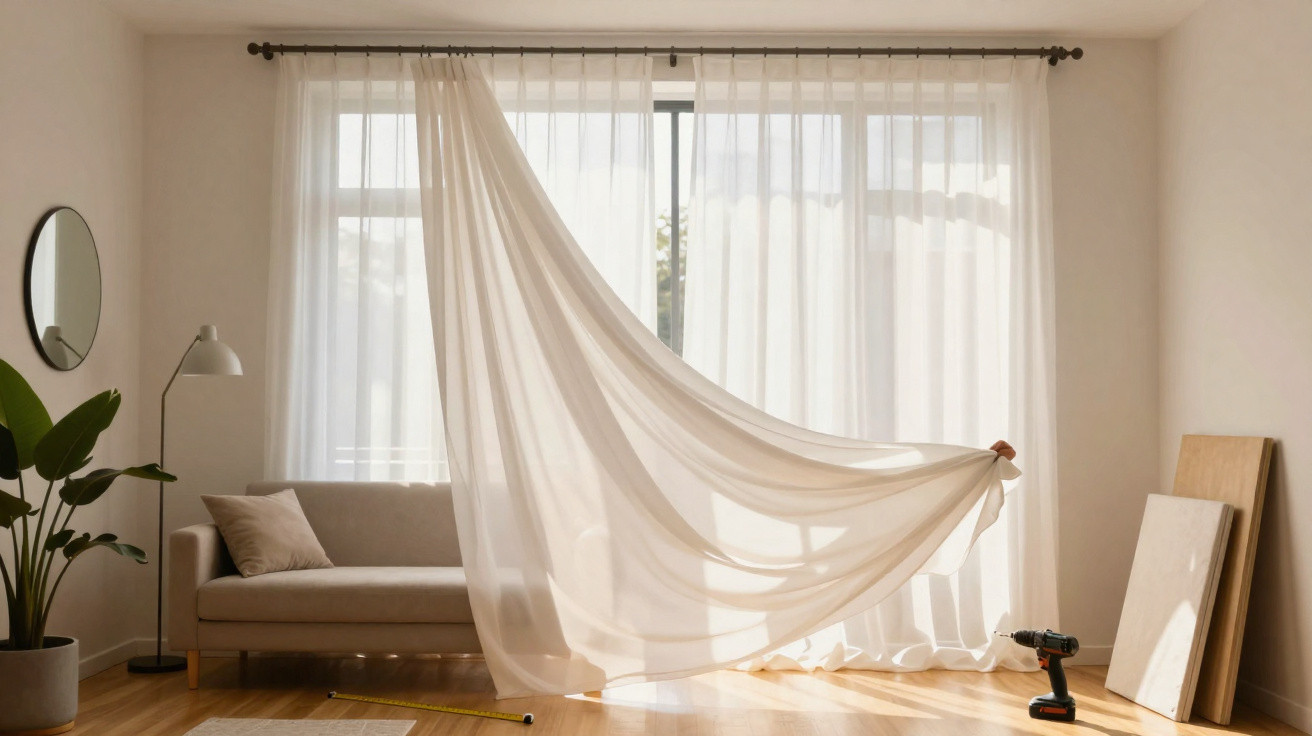 Sala luminosa com cortinas brancas, sofá cinzento, planta, ferramentas e painéis de madeira no chão.