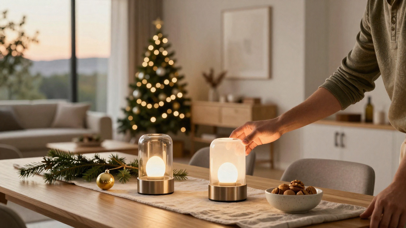 Pessoa acende candeeiro decorativo numa mesa de madeira com árvore de Natal iluminada ao fundo.