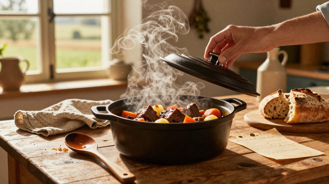 Panela preta de ferro com carne e legumes a fumegar numa mesa de madeira rústica.