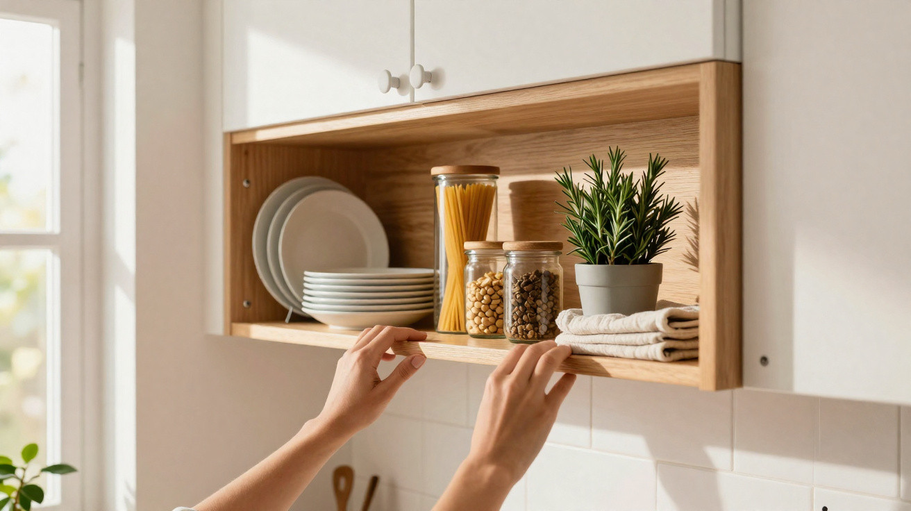 Mãos a organizar prateleira de cozinha com pratos, frascos de especiarias e vaso de planta junto a janela ensolarada.