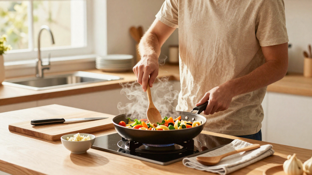 Pessoa a cozinhar legumes coloridos numa frigideira numa cozinha moderna e luminosa.