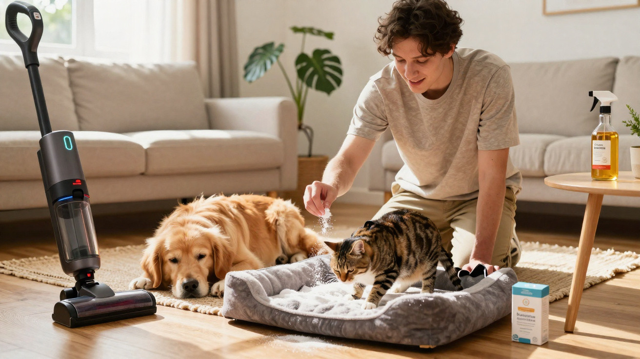 Jovem alimenta gato num tapete ao lado de cão descansado e aspirador num salão luminoso e moderno.