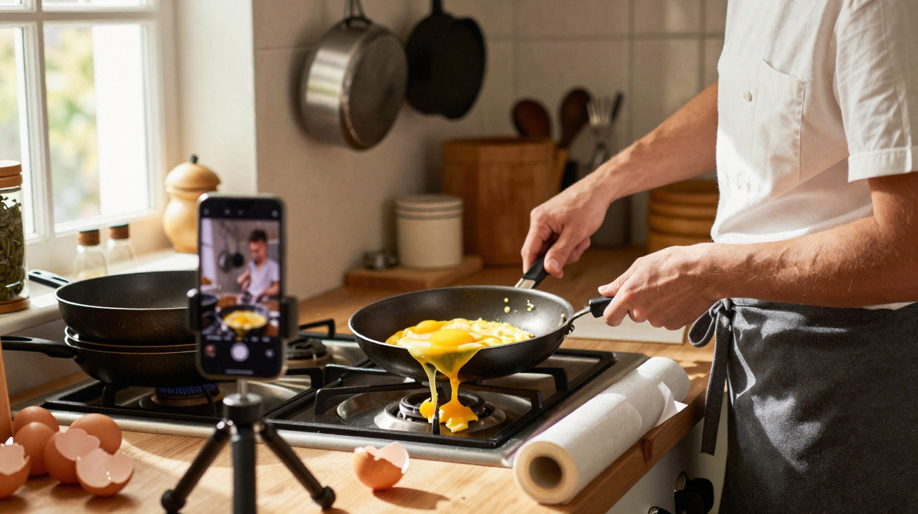 Pessoa a cozinhar ovos mexidos numa frigideira com telemóvel a gravar numa cozinha acolhedora e iluminada.