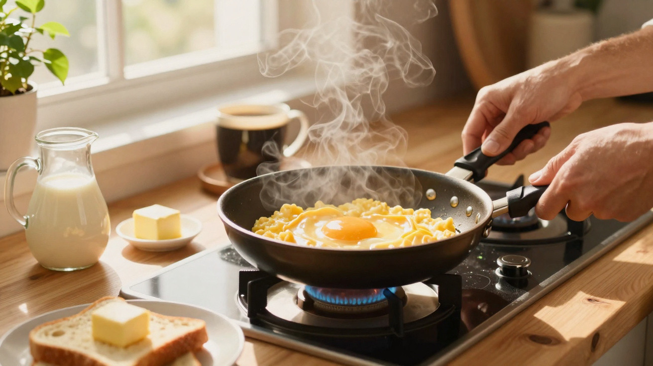Frigideira com ovo estrelado e massa a cozinhar no fogão, ao lado de leite, manteiga e uma chávena de café.
