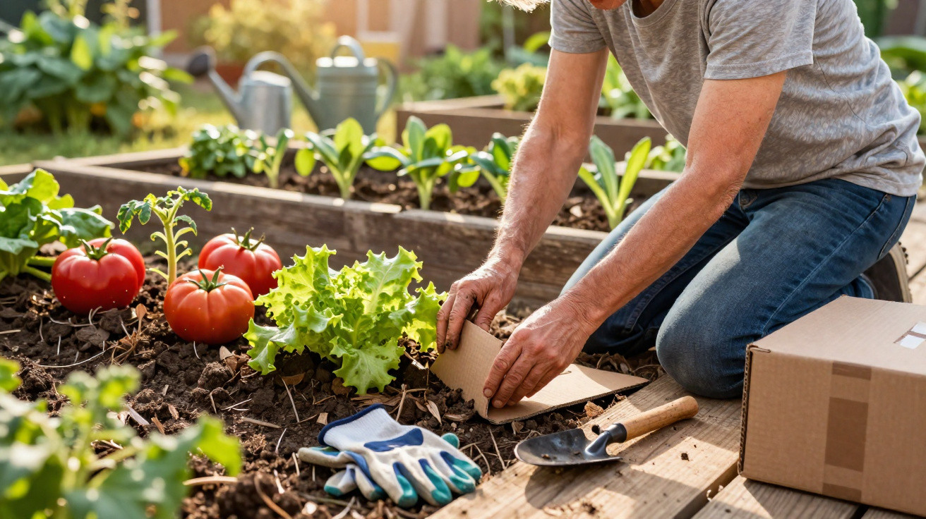 Pessoa a preparar canteiro com carta para plantar, rodeada por tomates, alface e ferramentas de jardim.