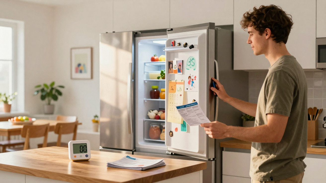 Jovem a consultar lista junto ao frigorífico aberto numa cozinha moderna e luminosa.