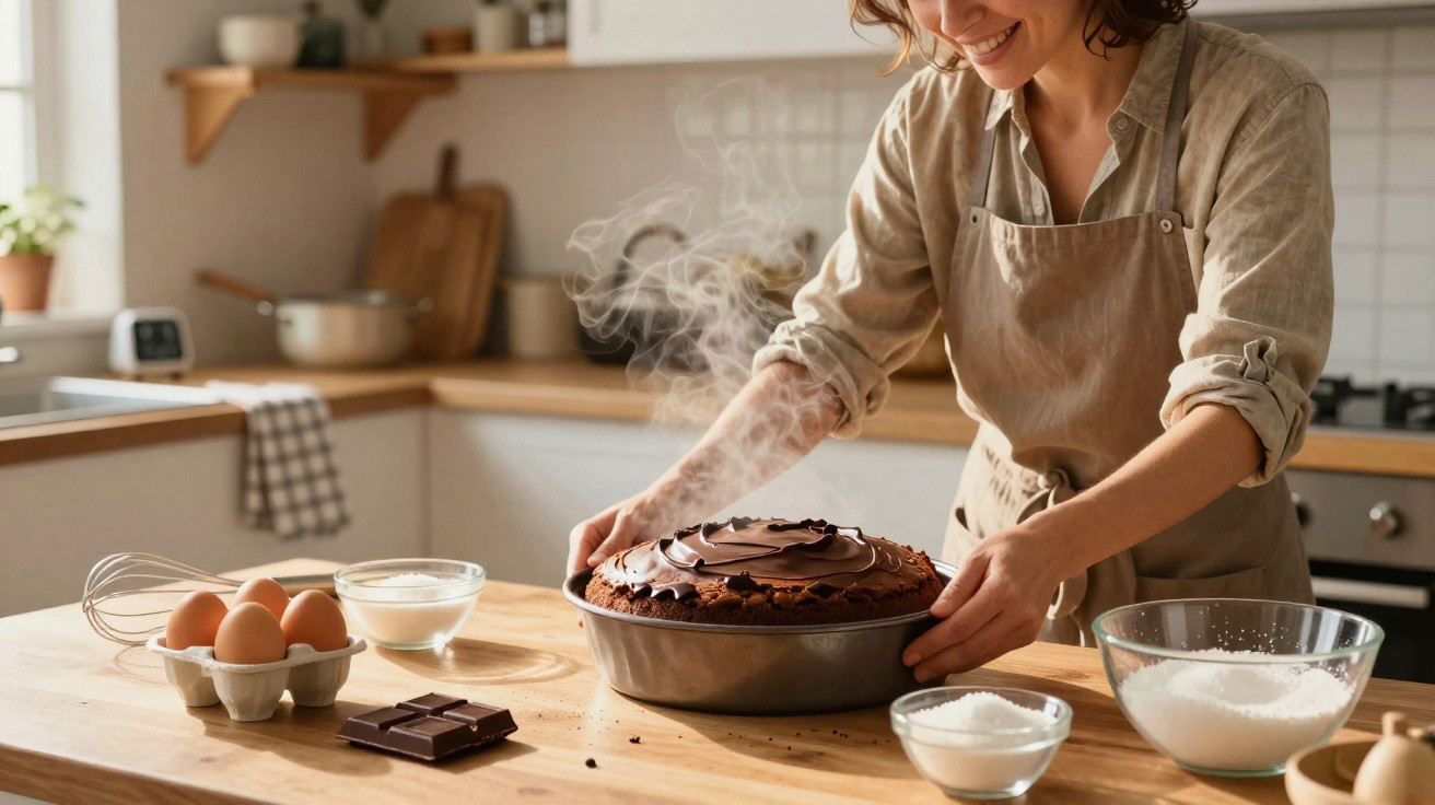 Pessoa a retirar um bolo quente de chocolate recém-saído do forno numa cozinha acolhedora.