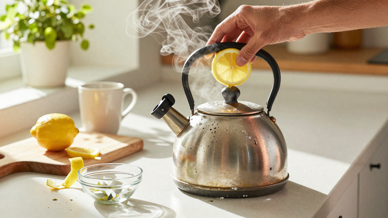 Mão a colocar fatia de limão na chaleira a ferver com vapor na cozinha iluminada.