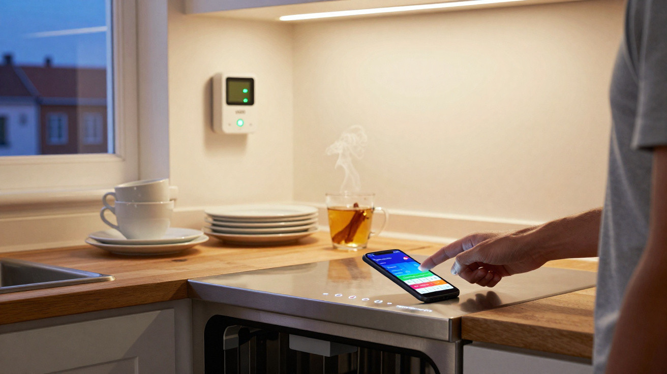 Pessoa a controlar eletrodoméstico de cozinha com telemóvel numa bancada com chá quente e loiça branca.