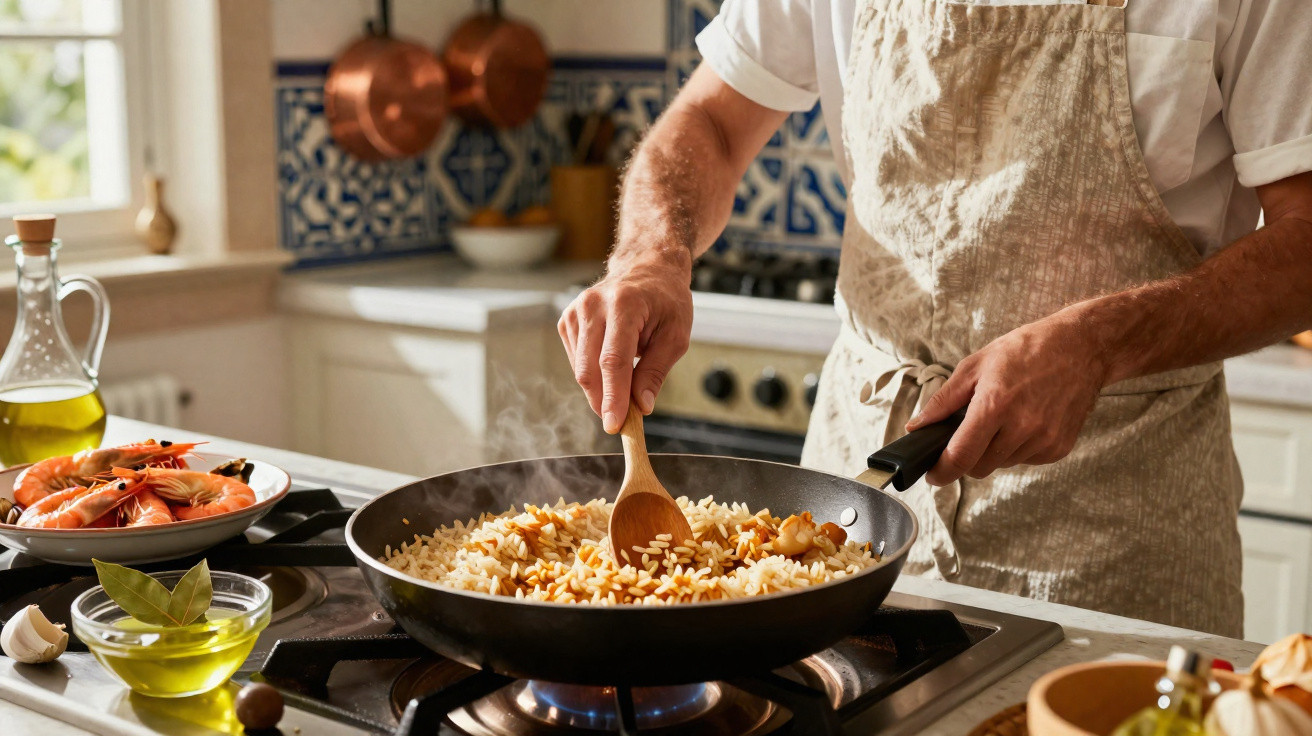 Pessoa a cozinhar arroz numa frigideira numa cozinha com tacho de camarão e ingredientes ao lado.