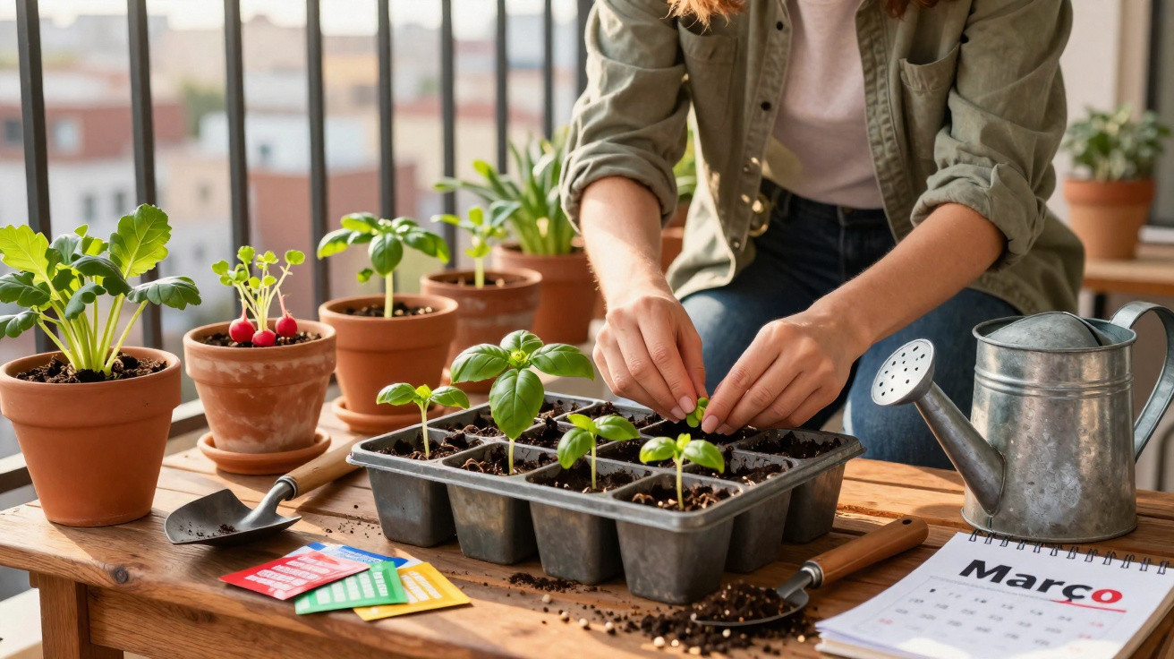Pessoa a transplantar mudas num tabuleiro de pé e vasos com plantas numa varanda ensolarada em março.