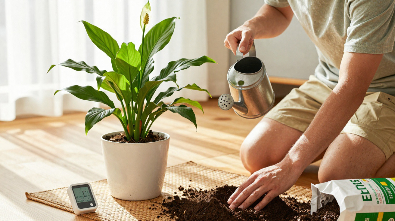 Pessoa a cuidar de planta em vaso branco, regando com regador metálico dentro de casa.