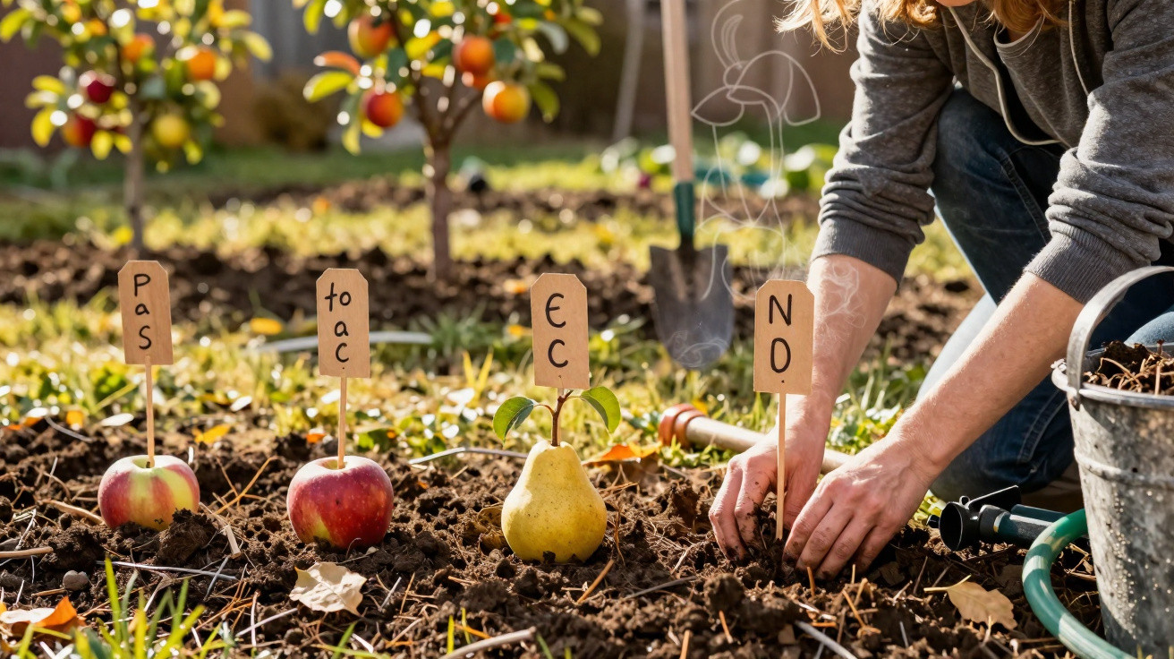 Pessoa a plantar uma muda junto a frutos com etiquetas em jardim soalheiro.