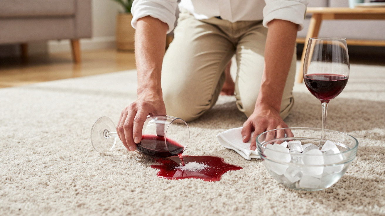 Pessoa a limpar um derrame de vinho tinto num tapete claro, com um copo e uma tigela de gelo ao lado.