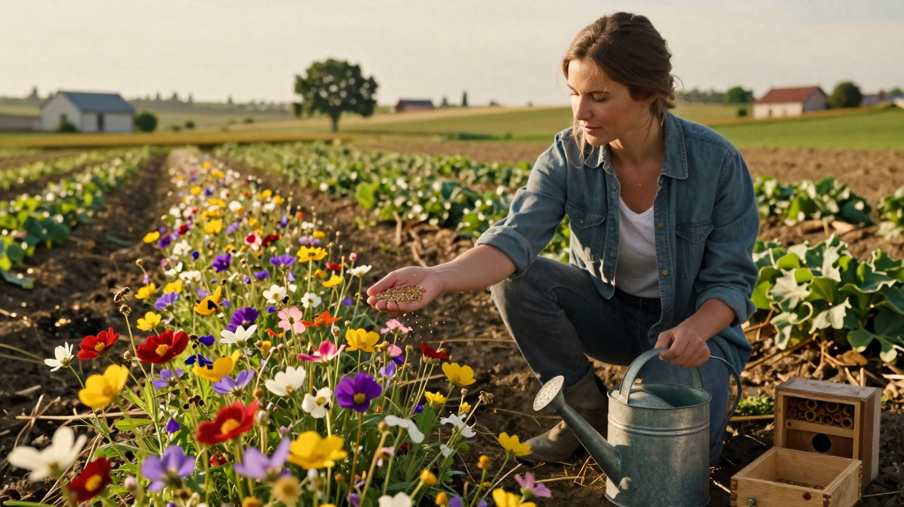 Mulher com regador planta sementes numa horta com flores coloridas num campo ao entardecer.