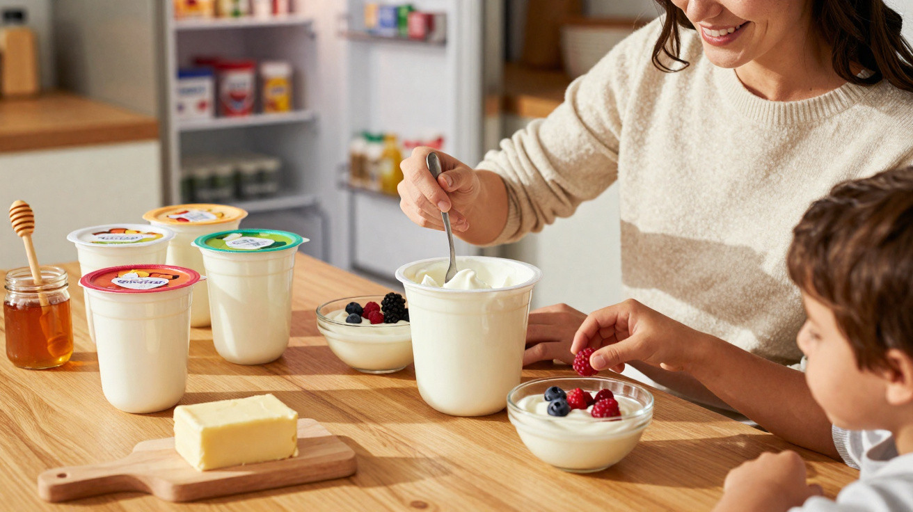 Mulher e criança preparam iogurte com frutas num ambiente de cozinha luminosa e acolhedora.