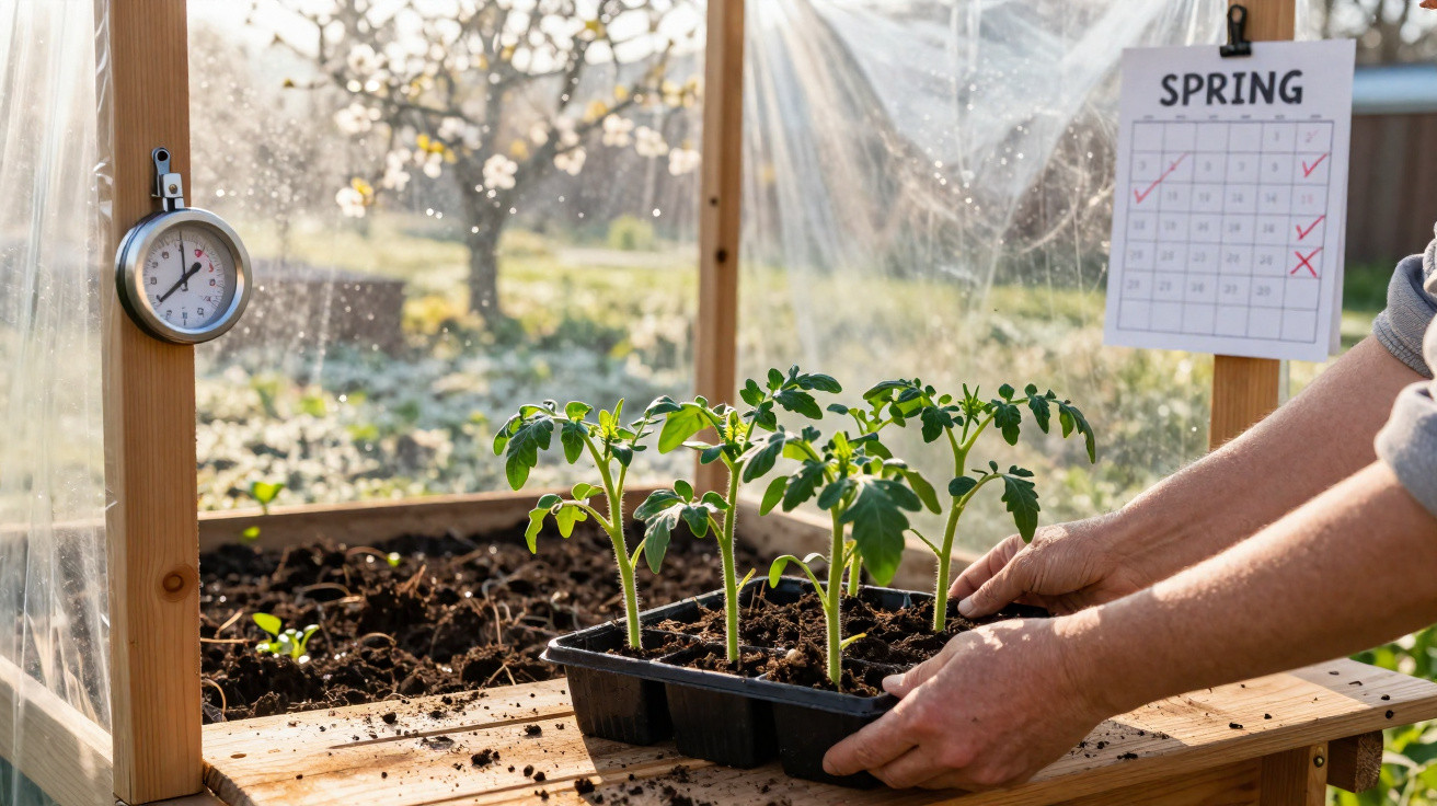 Mãos a colocar pequenos rebentos de tomate numa estufa com termómetro e calendário de primavera.