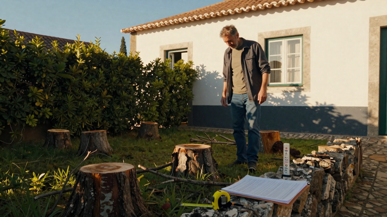 Homem observa troncos de árvores cortadas num jardim junto a uma casa branca com janela verde.