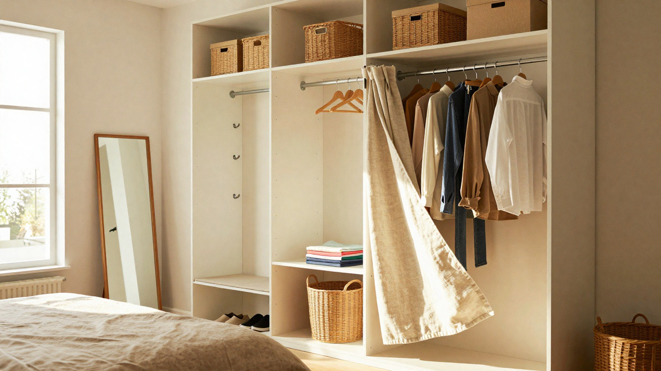 Quarto com roupeiro branco aberto, roupa pendurada, cestos de vime e espelho encostado na parede.