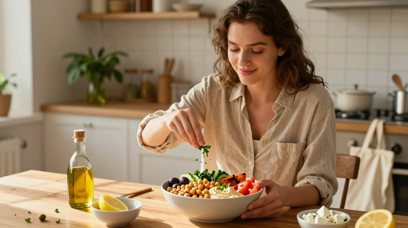 Mulher a preparar salada com grão, azeitonas, tomate e hummus numa cozinha luminosa.