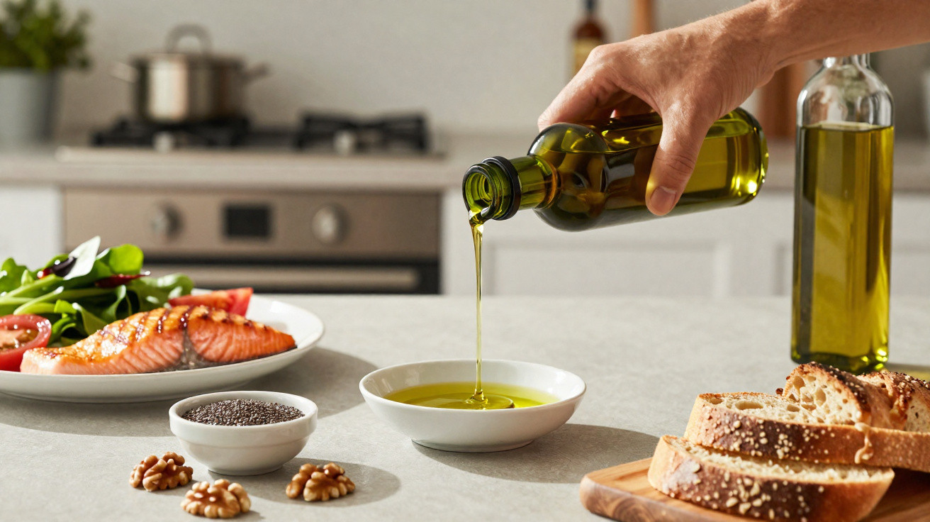 Mão a verter azeite numa taça, com salada, nozes, sementes e pão numa cozinha moderna.