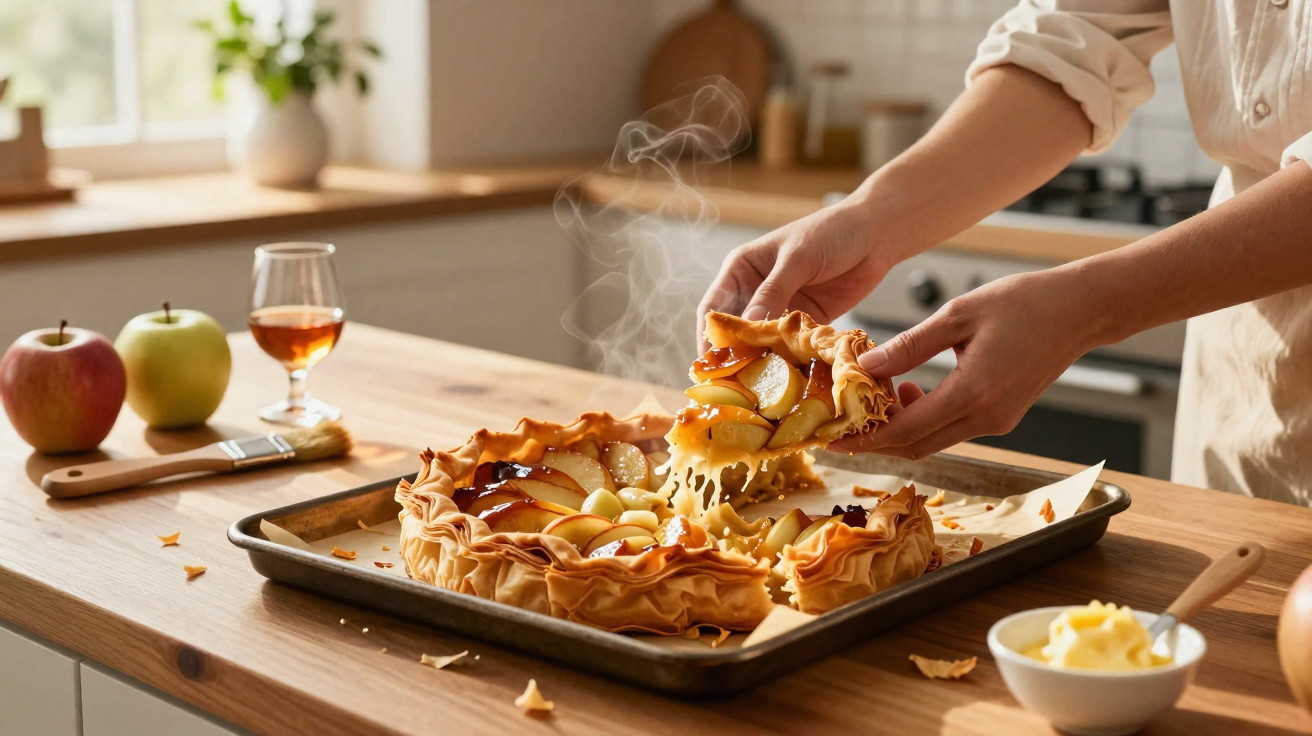 Mãos a retirar uma fatia de tarte quente de maçã com massa folhada numa cozinha iluminada.