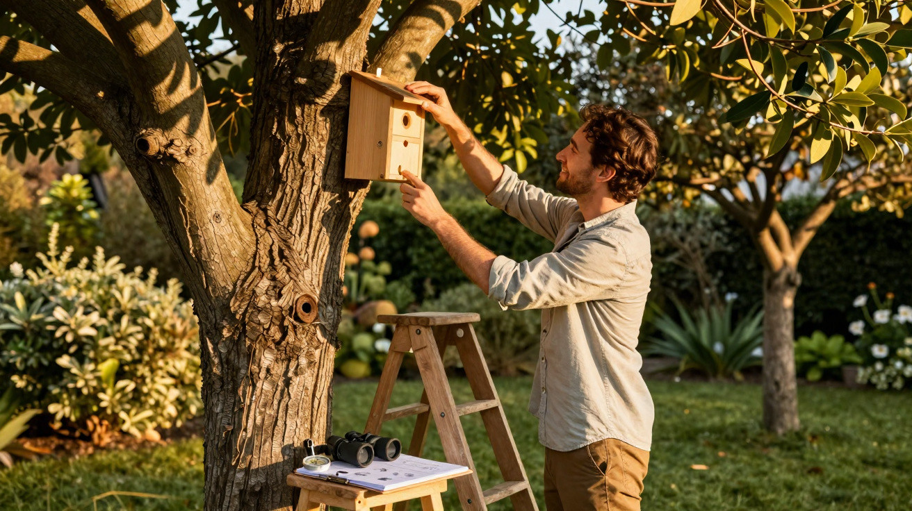 Homem a instalar uma caixa-ninho de madeira numa árvore num jardim ensolarado.