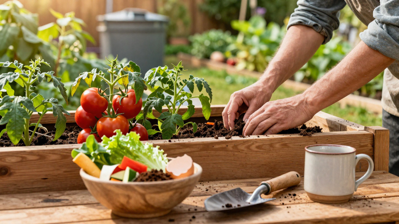 Pessoa a cuidar de plantas de tomate numa horta em madeira, com taça de legumes e café numa mesa de madeira.