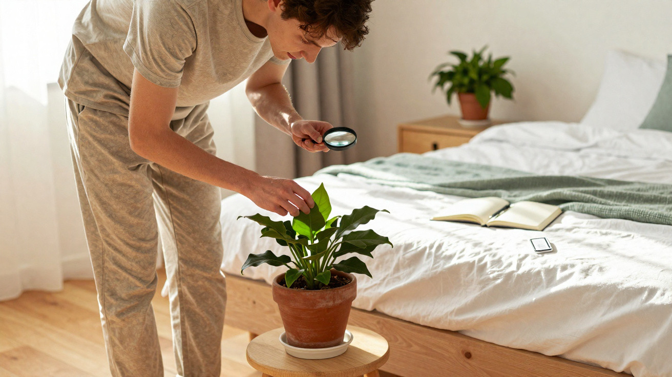 Pessoa a examinar planta em vaso com lupa num quarto com cama e janelas iluminadas.