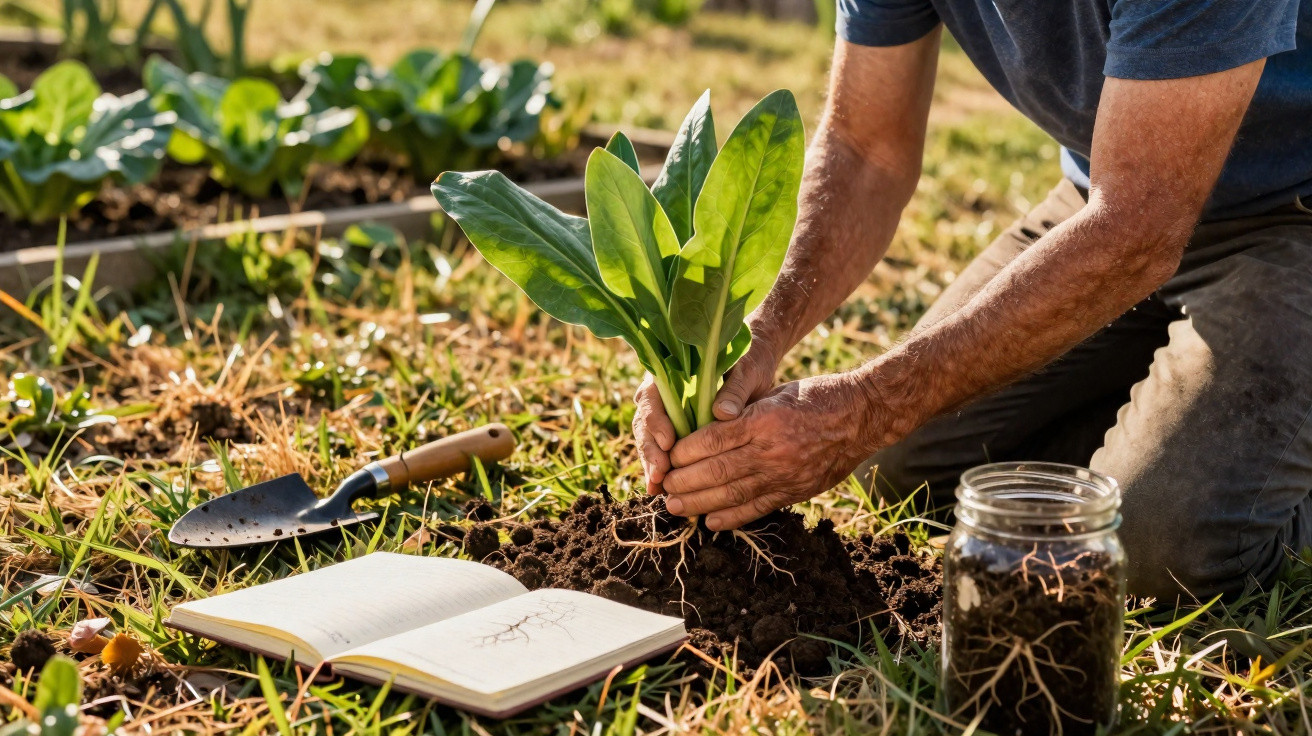 Pessoa a plantar uma muda de hortaliça num campo com uma pá, livro aberto e frasco de terra.