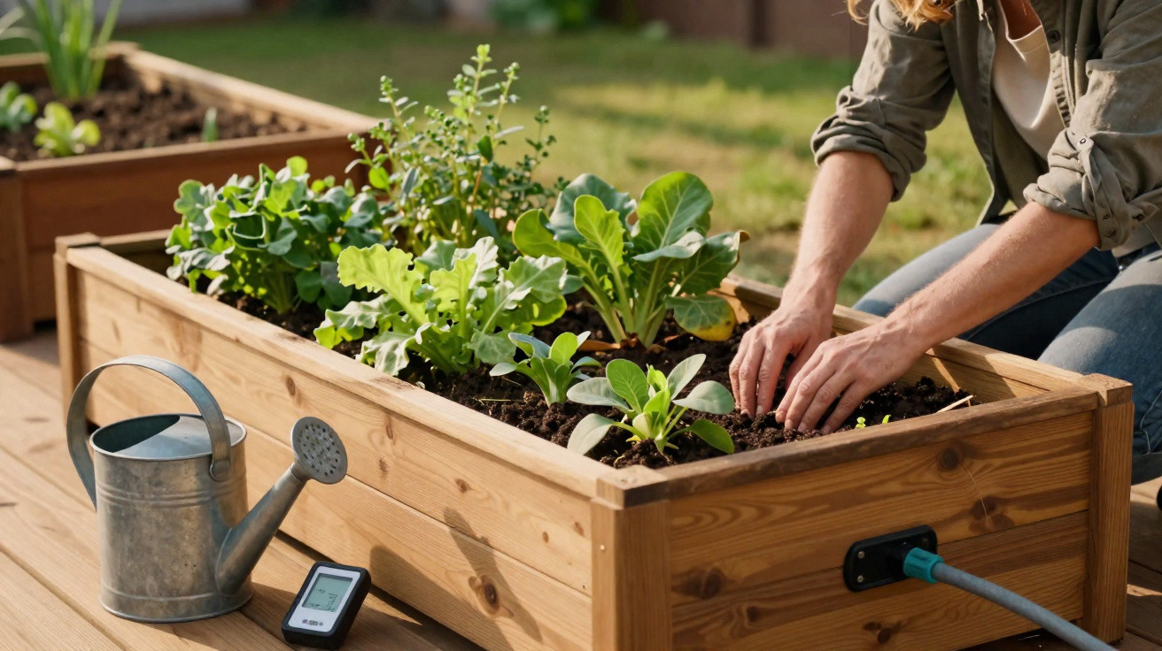 Pessoa a cultivar plantas numa horta elevada de madeira, com regador e medidor ao lado.