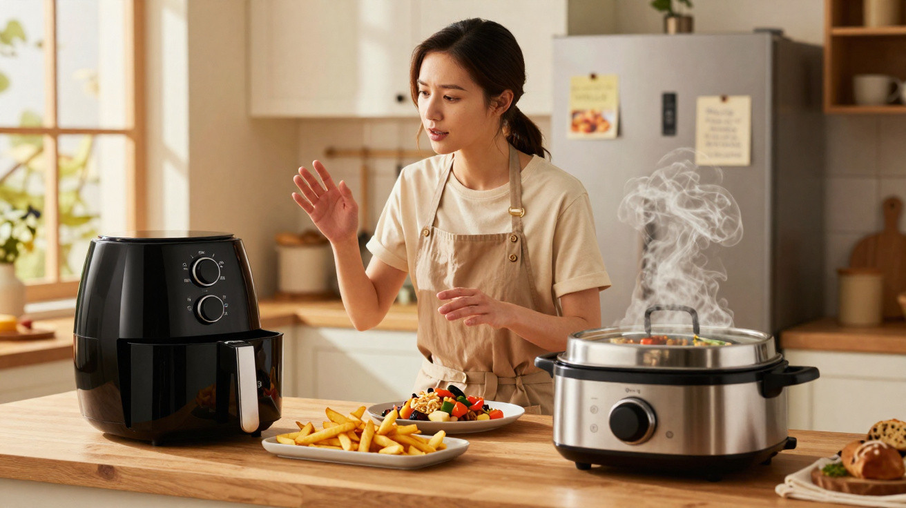 Mulher na cozinha a cozinhar com fritadeira elétrica e panela elétrica a vapor na bancada.