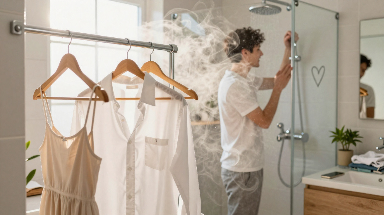 Roupas brancas penduradas num cabide enquanto vapor de banho enche uma casa de banho moderna com homem ao fundo.