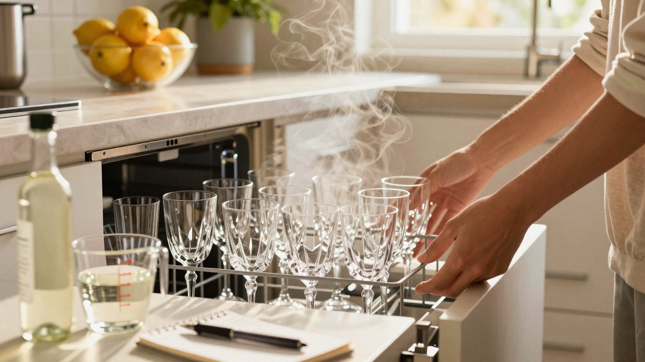 Pessoa a retirar copos de vidro vaporizados de máquina de lavar loiça numa cozinha luminosa.